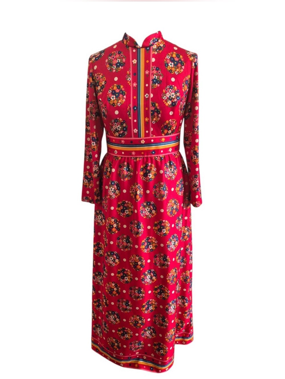 Vintage 70s Floral Medallion Maxi Dress Pink  Long Sleeve Mod Size 16